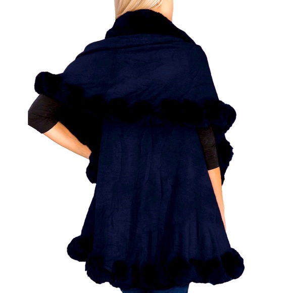 New Version! Fluffy Navy Blue double layer Faux Fur CAPE Coat - Picture 2 of 10